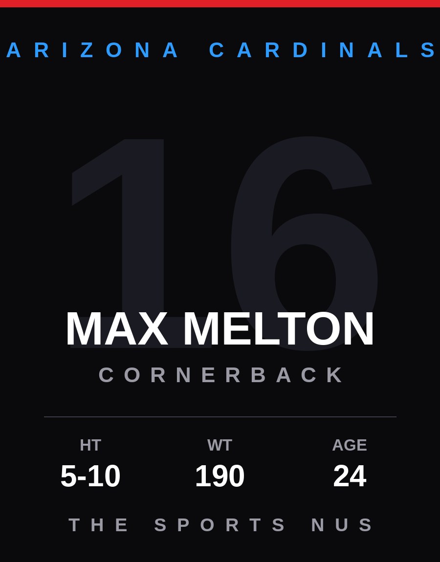 Max Melton player card: Arizona Cardinals cornerback / kick returner, number 16