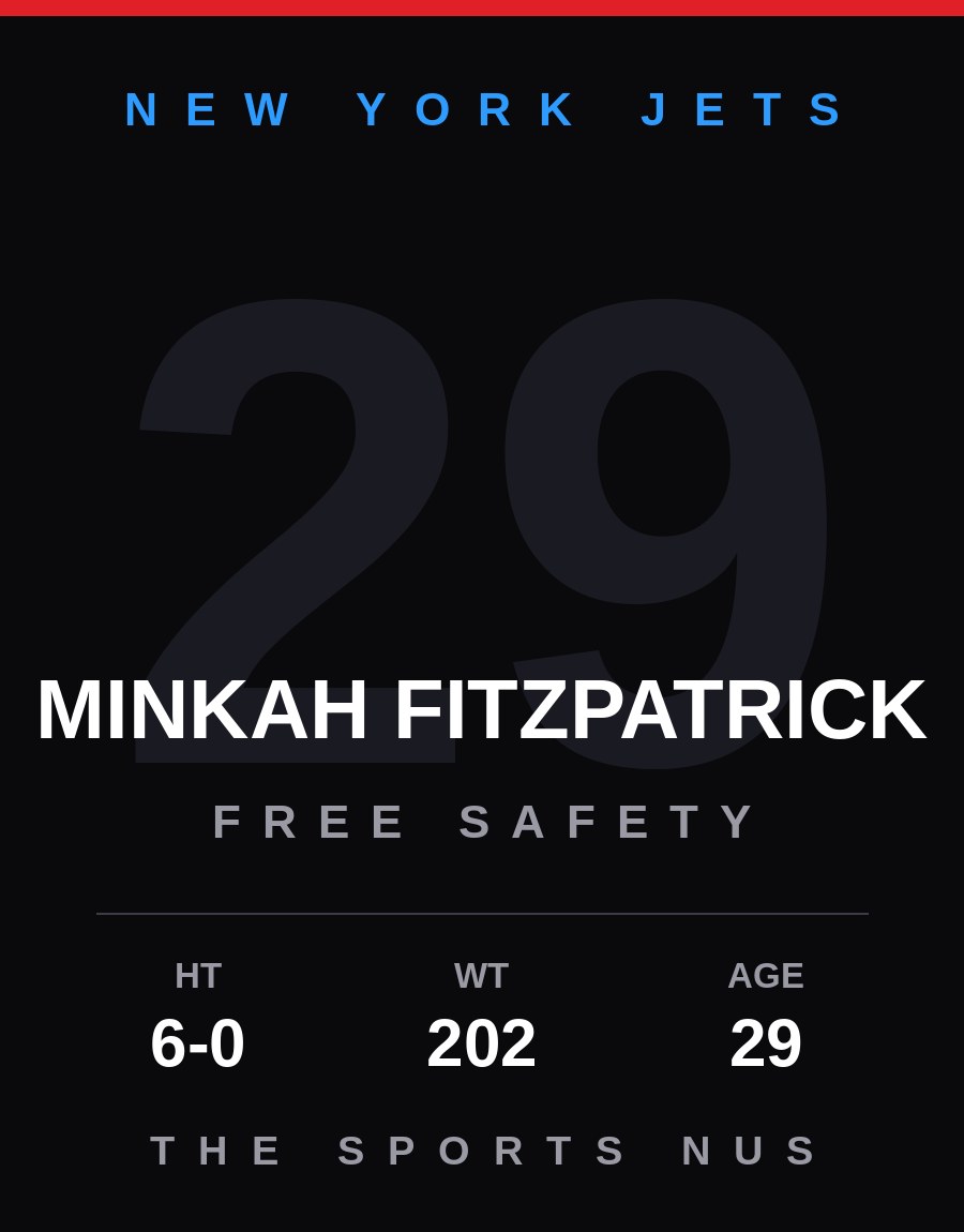 Minkah Fitzpatrick player card: New York Jets free safety, number 29
