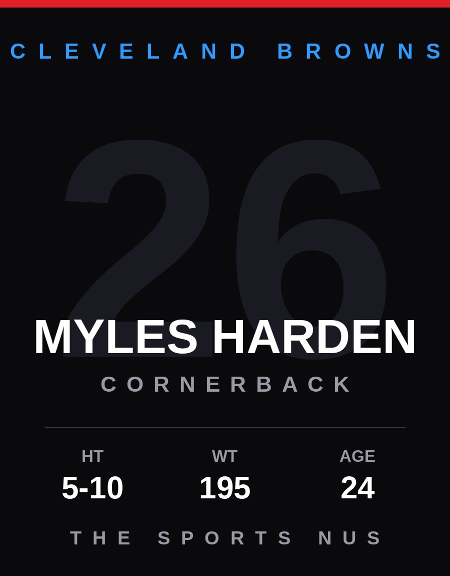 Myles Harden player card: Cleveland Browns cornerback, number 26