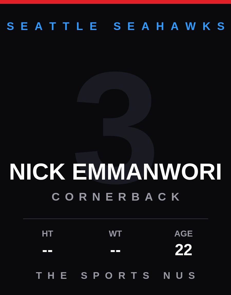 Nick Emmanwori player card: Seattle Seahawks cornerback, number 3