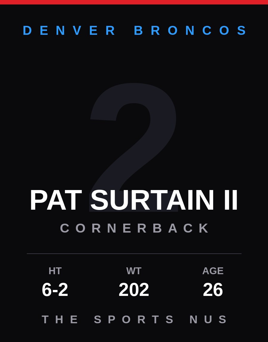 Pat Surtain II player card: Denver Broncos cornerback, number 2