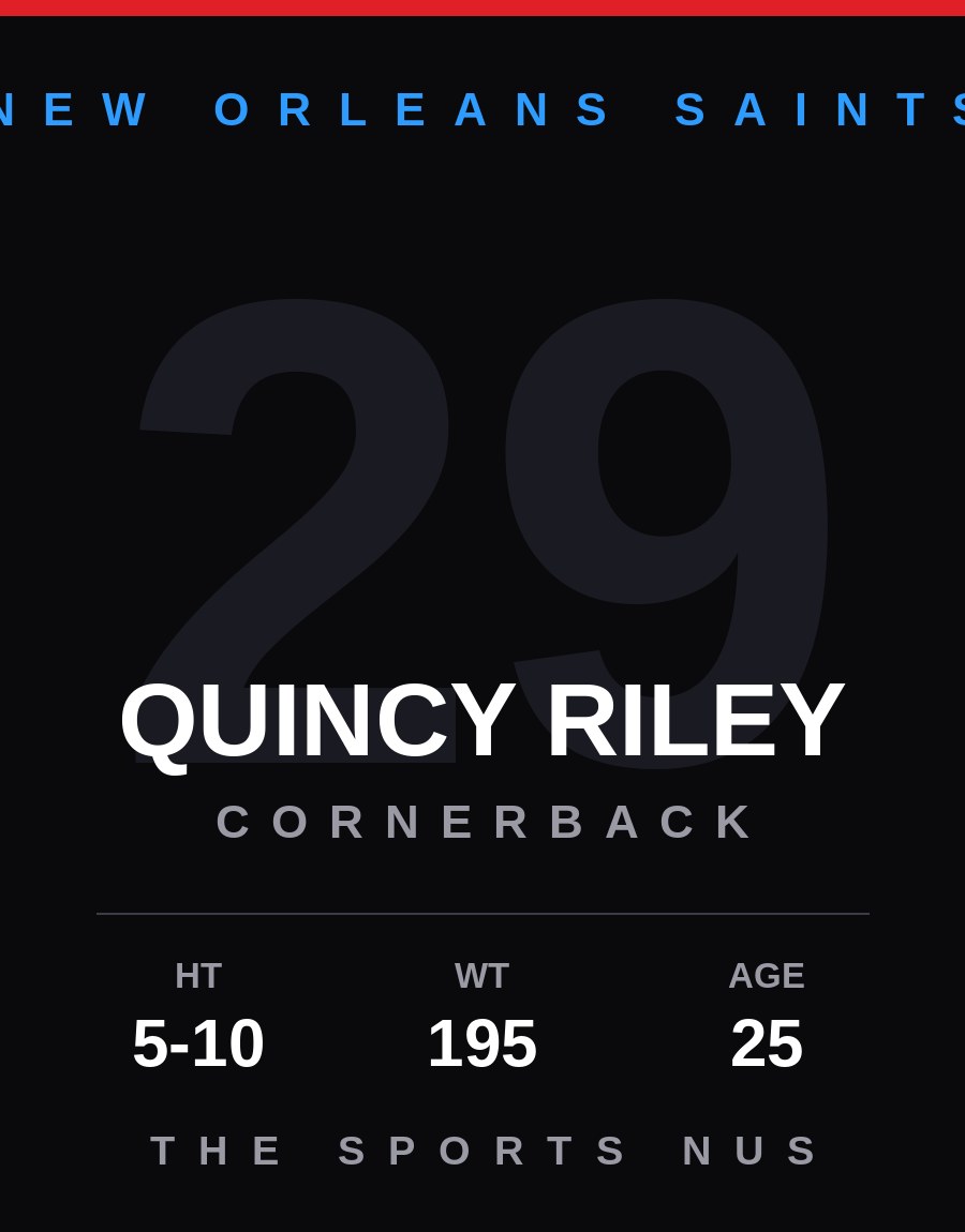 Quincy Riley player card: New Orleans Saints cornerback, number 29