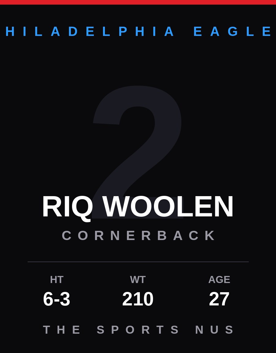 Riq Woolen player card: Philadelphia Eagles cornerback, number 2