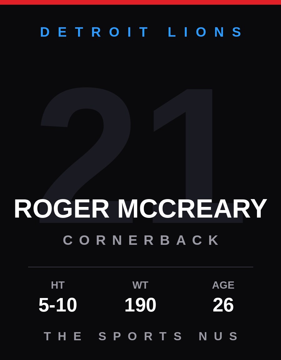 Roger McCreary player card: Detroit Lions cornerback, number 21