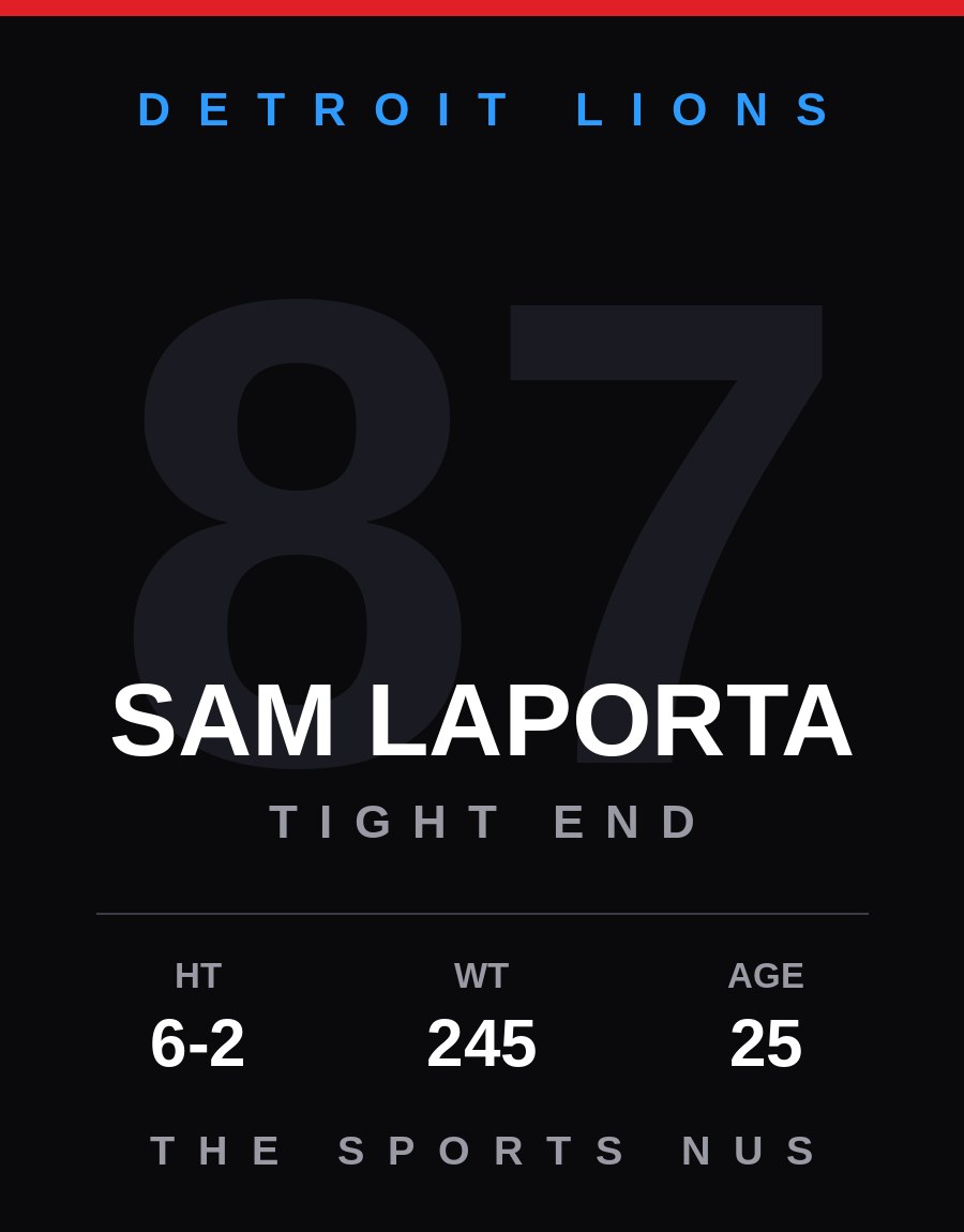Sam LaPorta player card: Detroit Lions tight end, number 87