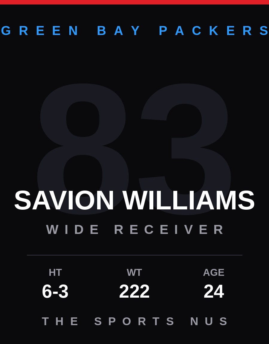 Savion Williams player card: Green Bay Packers wide receiver, number 83