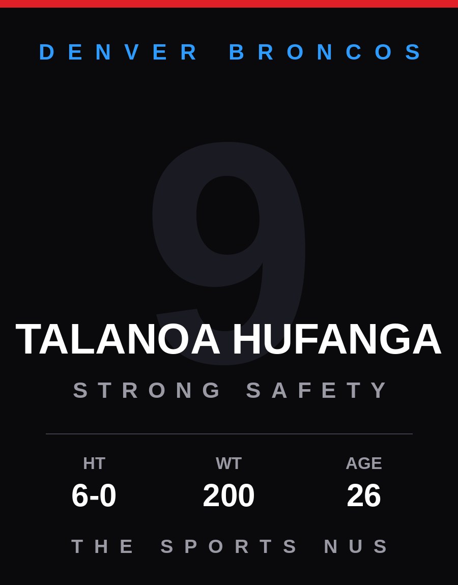 Talanoa Hufanga player card: Denver Broncos strong safety, number 9