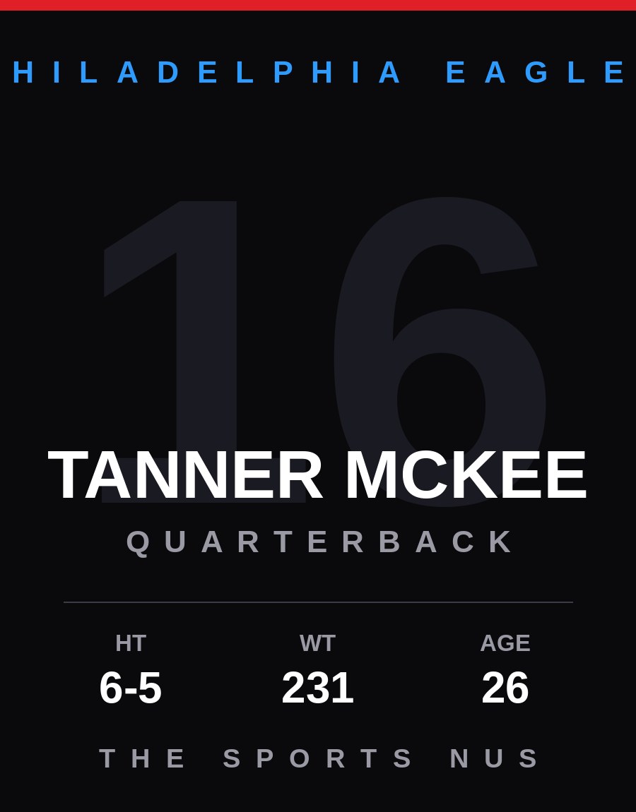 Tanner McKee player card: Philadelphia Eagles quarterback, number 16