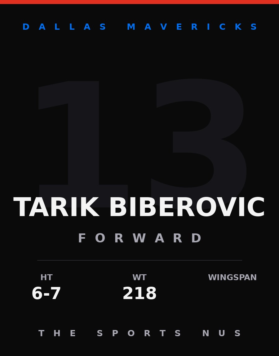 Tarik Biberovic player card: Dallas Mavericks forward, number 13