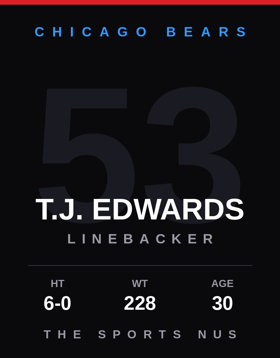 T.J. Edwards player card: Chicago Bears linebacker, number 53