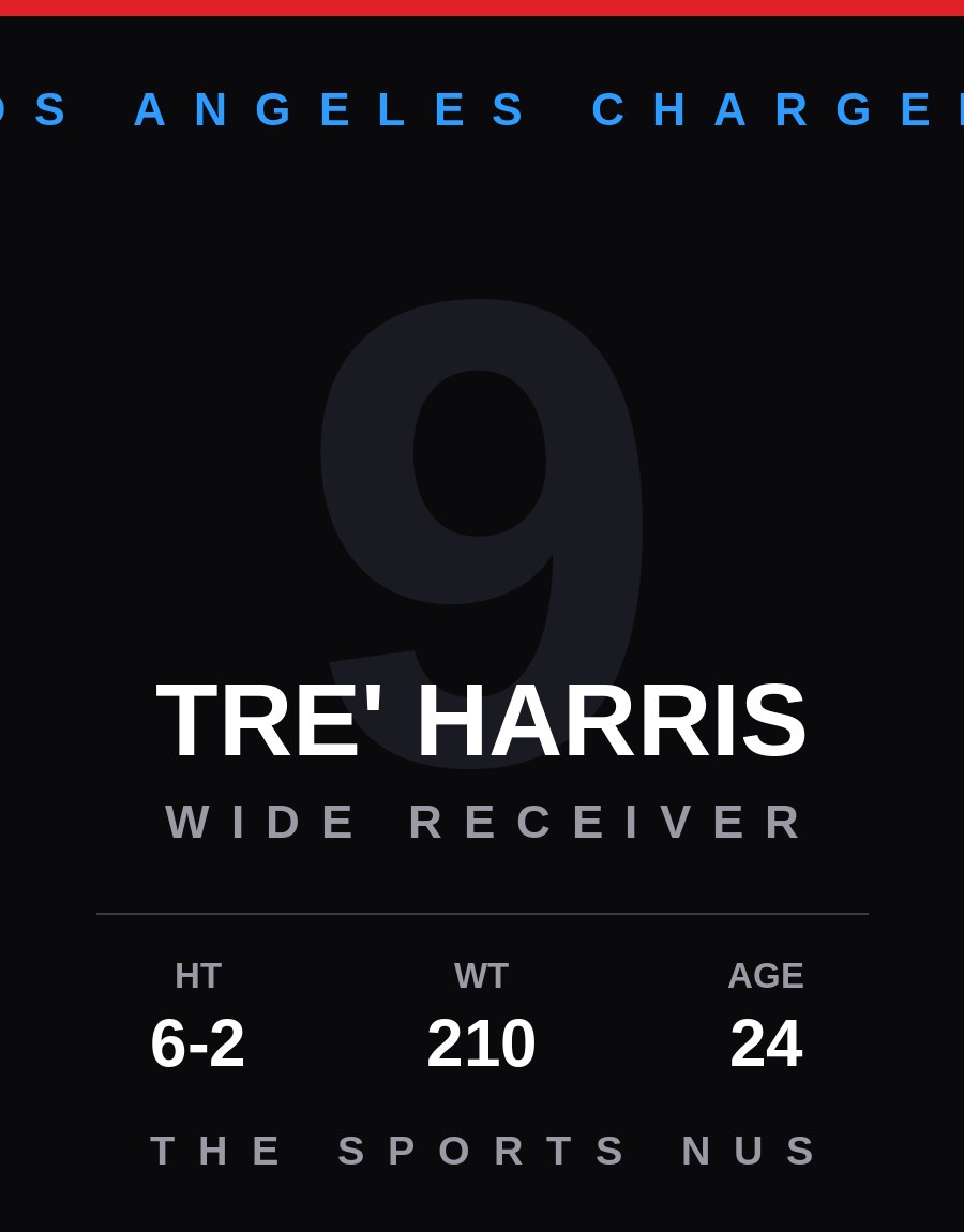 Tre' Harris player card: Los Angeles Chargers wide receiver, number 9