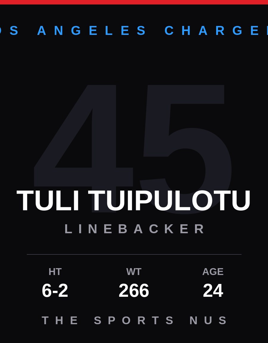 Tuli Tuipulotu player card: Los Angeles Chargers linebacker, number 45