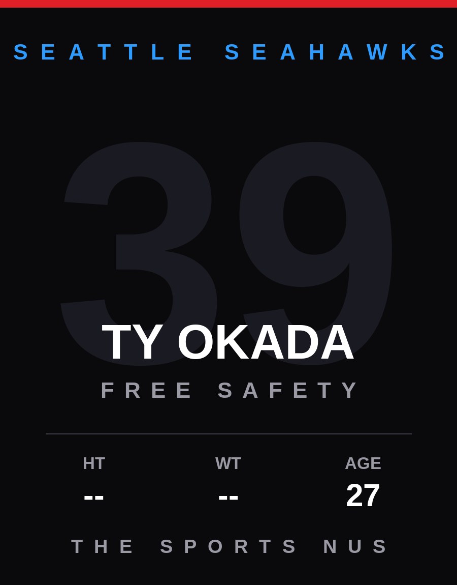 Ty Okada player card: Seattle Seahawks free safety, number 39