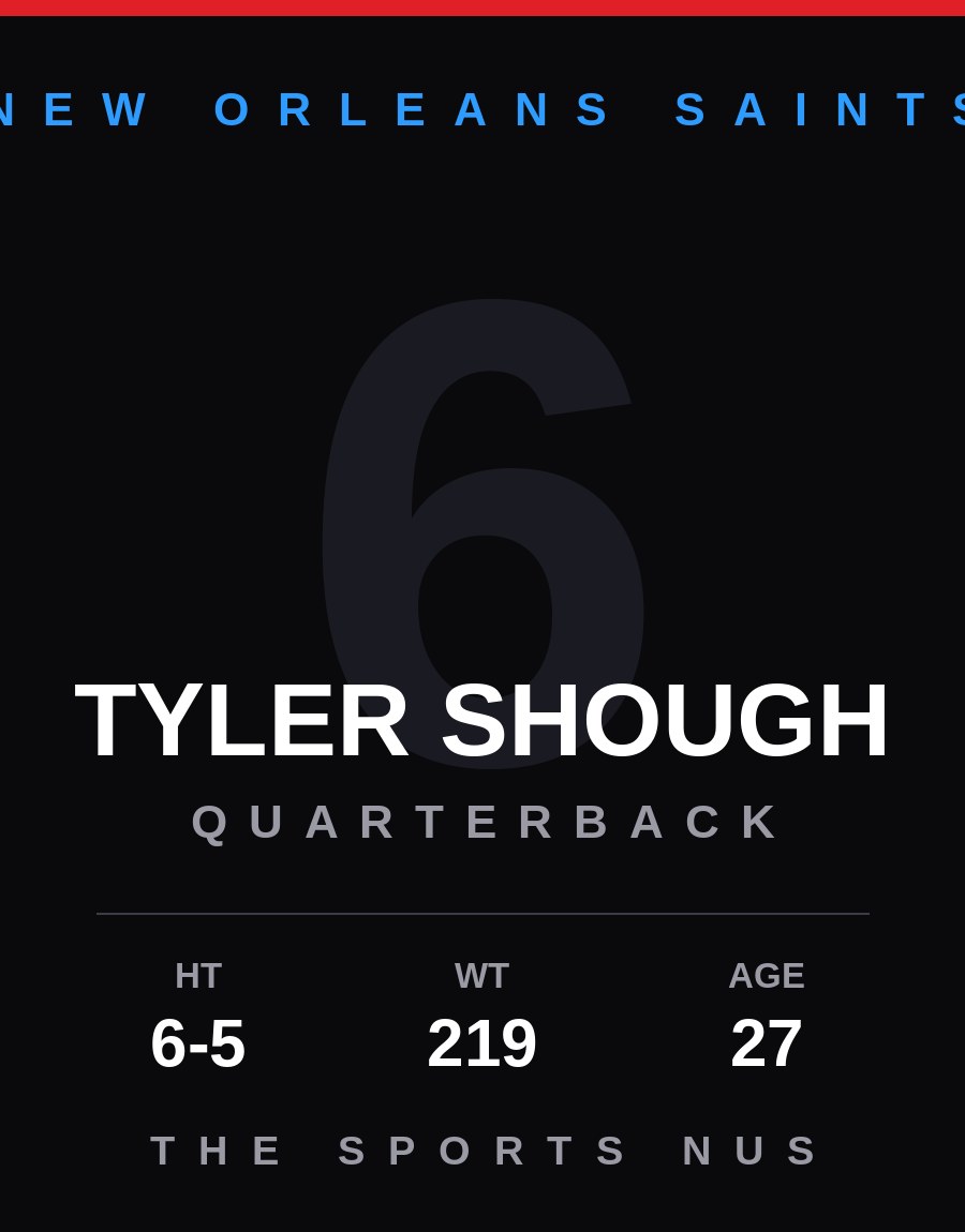 Tyler Shough player card: New Orleans Saints quarterback, number 6