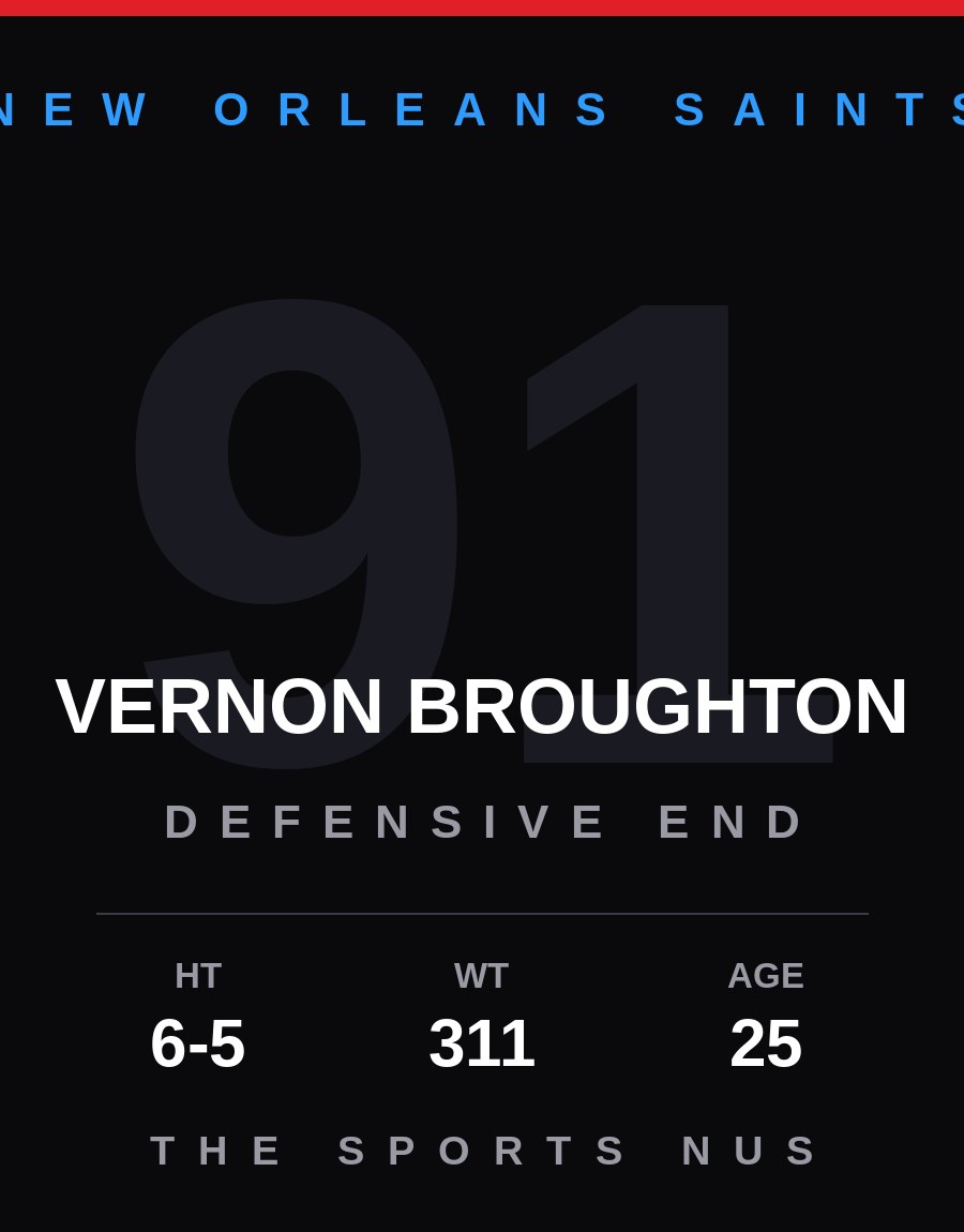 Vernon Broughton player card: New Orleans Saints defensive end, number 91