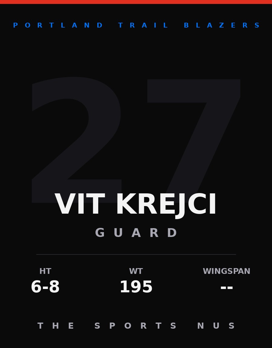 Vit Krejci player card: Portland Trail Blazers guard, number 27