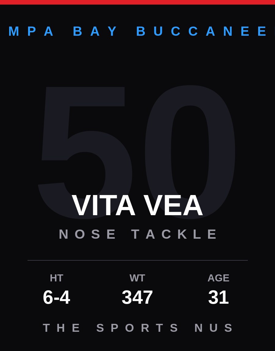 Vita Vea player card: Tampa Bay Buccaneers nose tackle, number 50