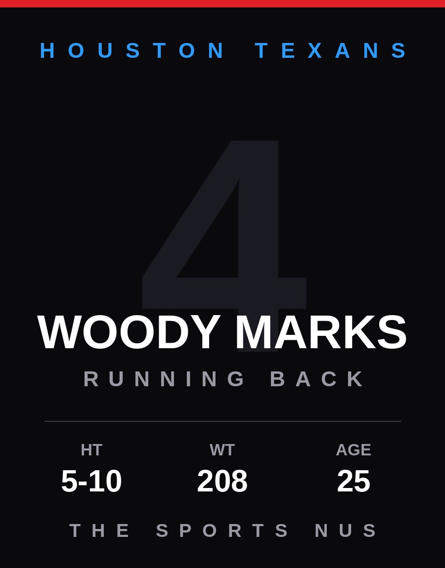 Woody Marks player card: Houston Texans running back / kick returner, number 4