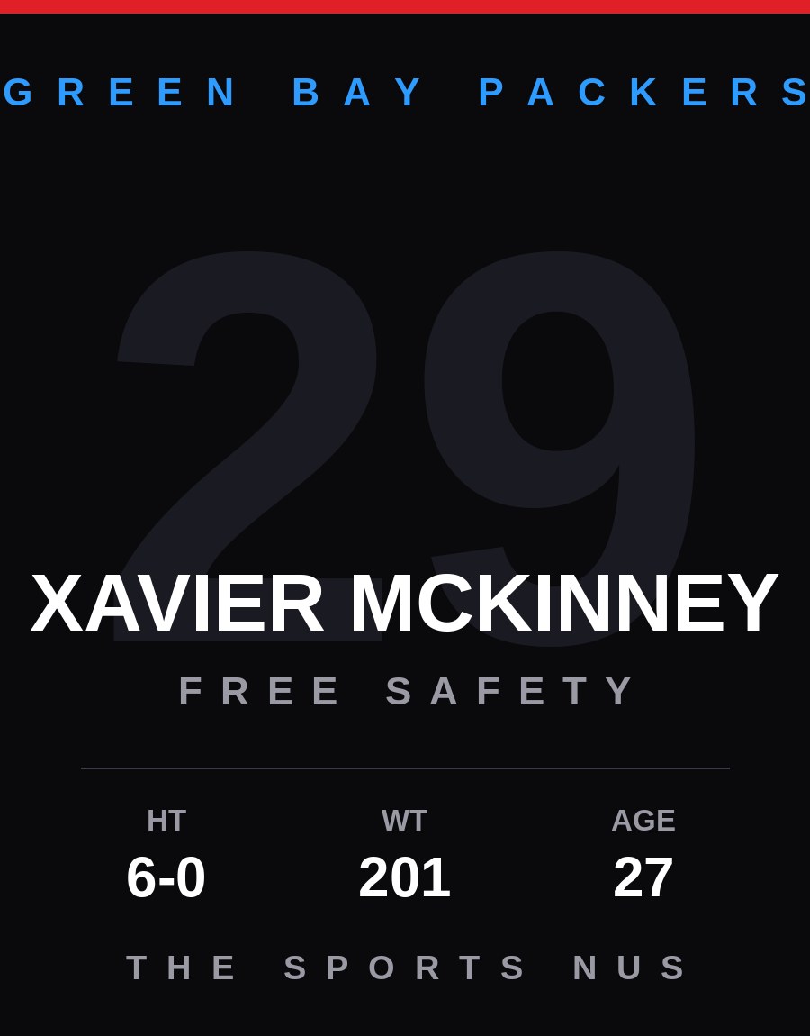 Xavier McKinney player card: Green Bay Packers free safety, number 29