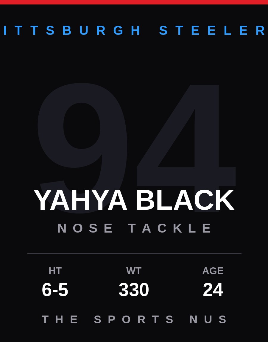 Yahya Black player card: Pittsburgh Steelers nose tackle, number 94