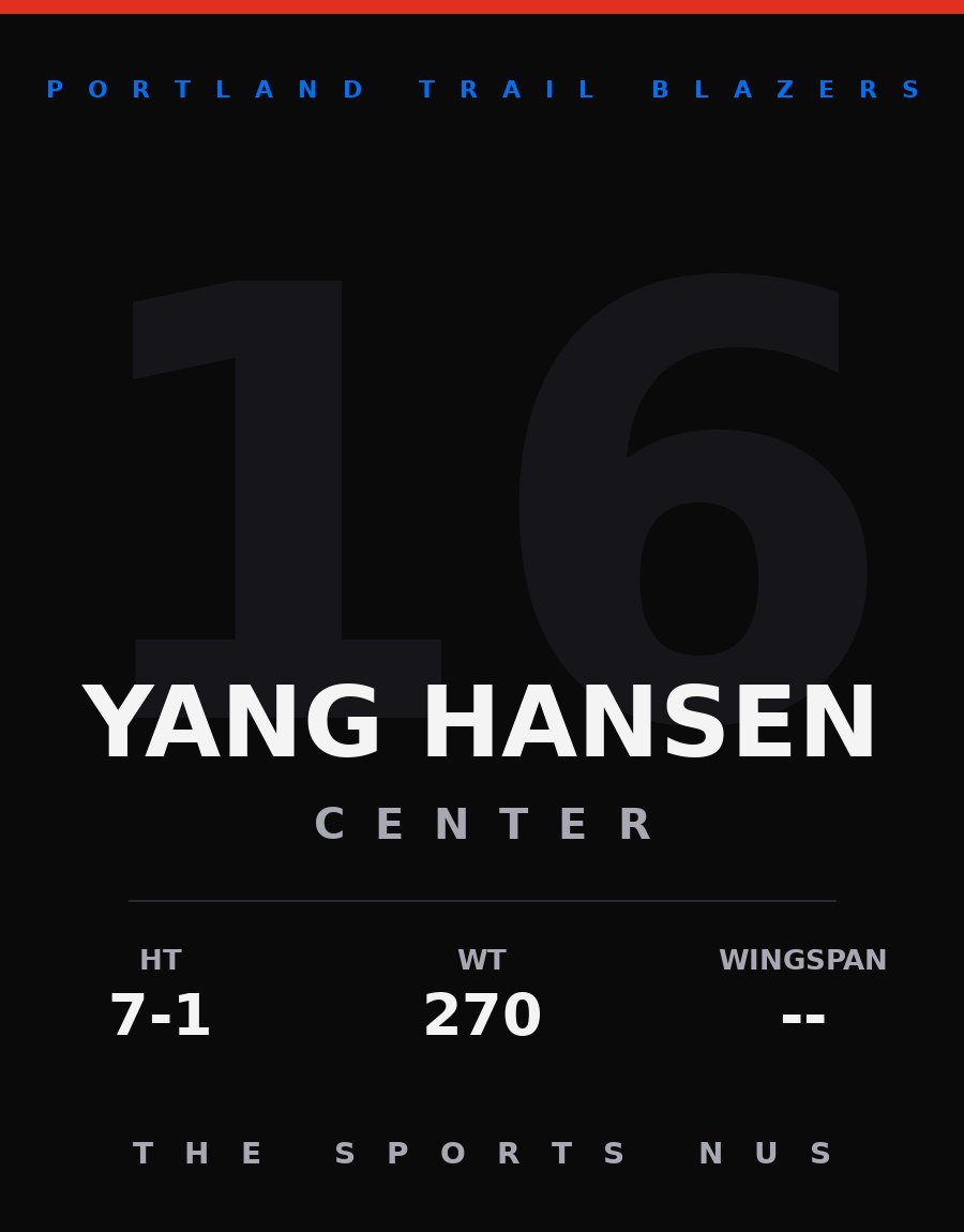 Yang Hansen player card: Portland Trail Blazers center, number 16