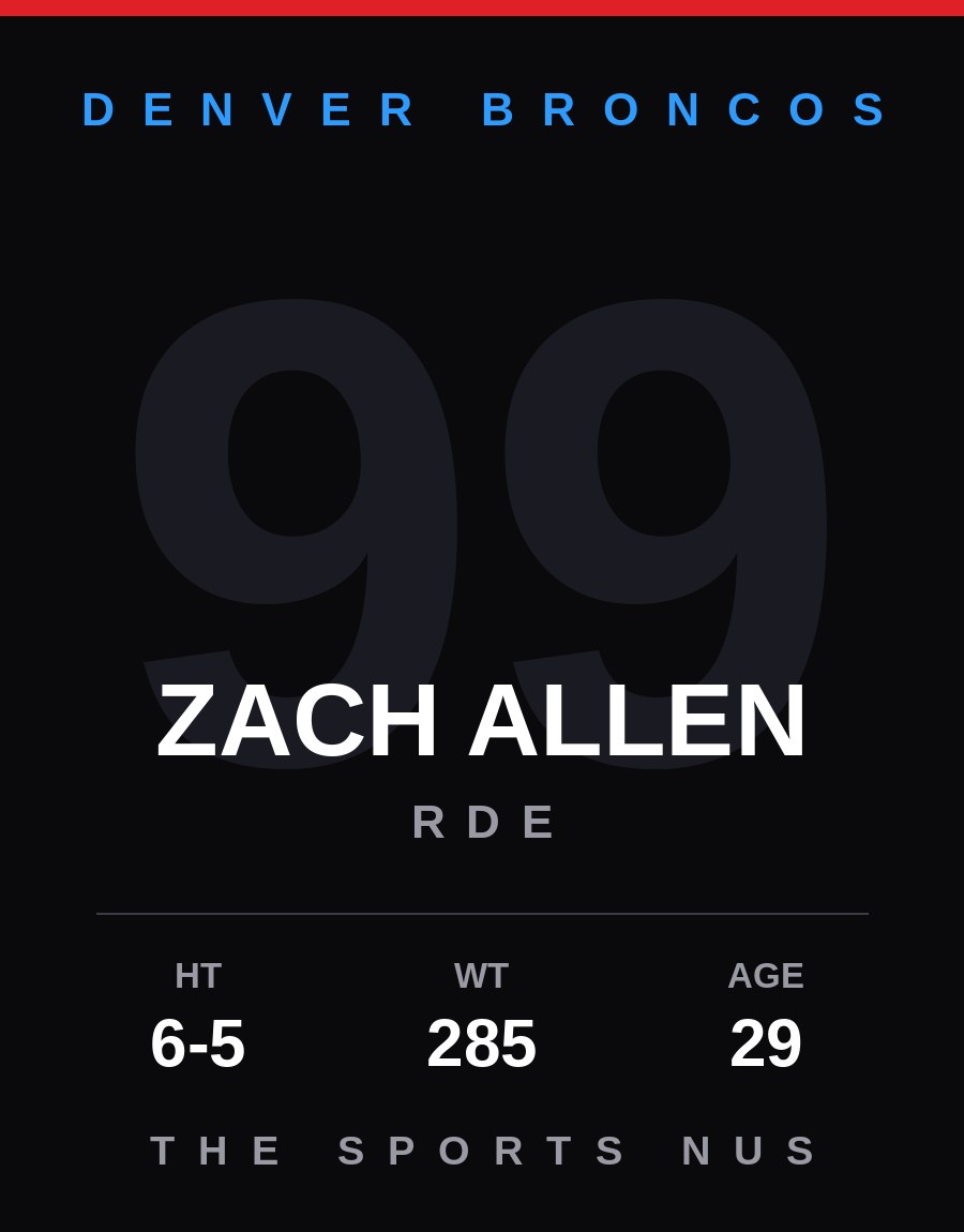 Zach Allen player card: Denver Broncos rde, number 99