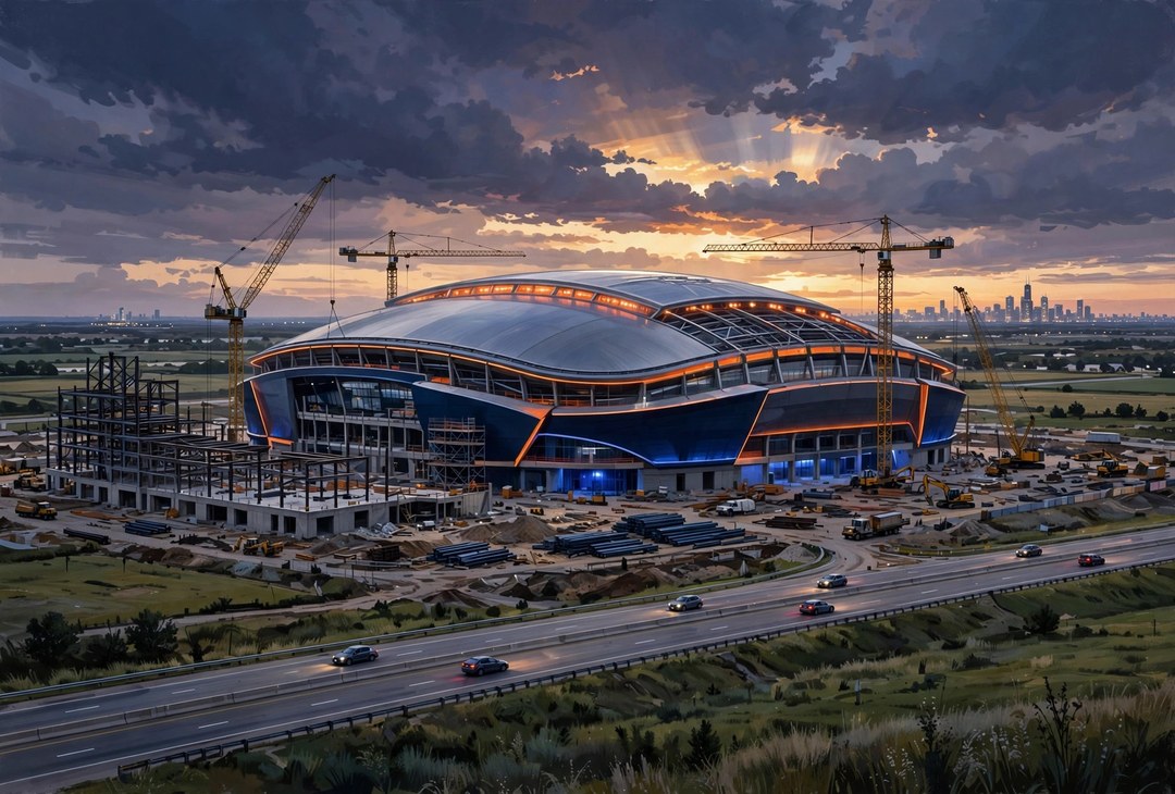 A new domed Bears stadium under construction in Arlington Heights at dusk