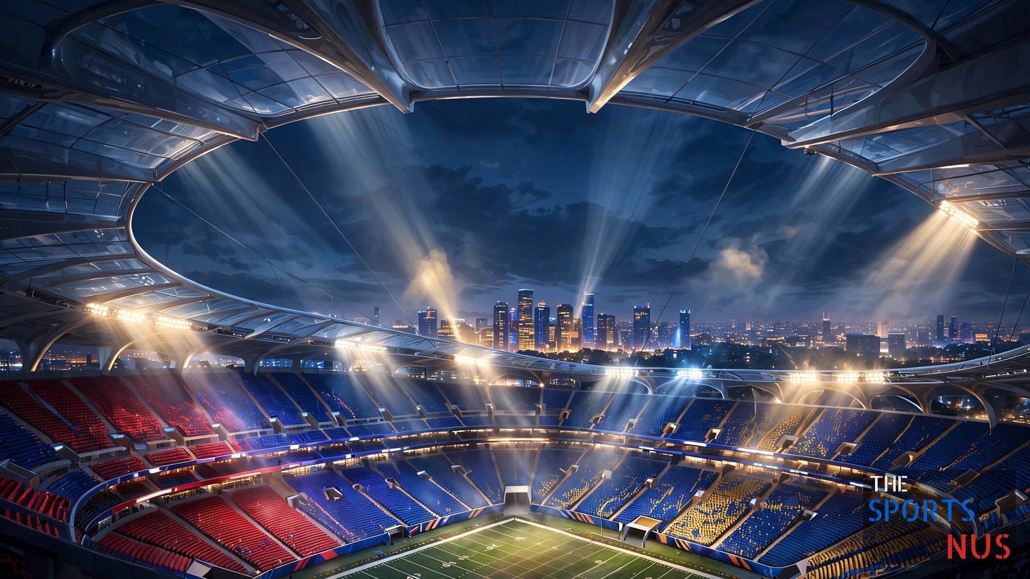 Illustration of a night NFL stadium with an open roof at dusk, primetime atmosphere