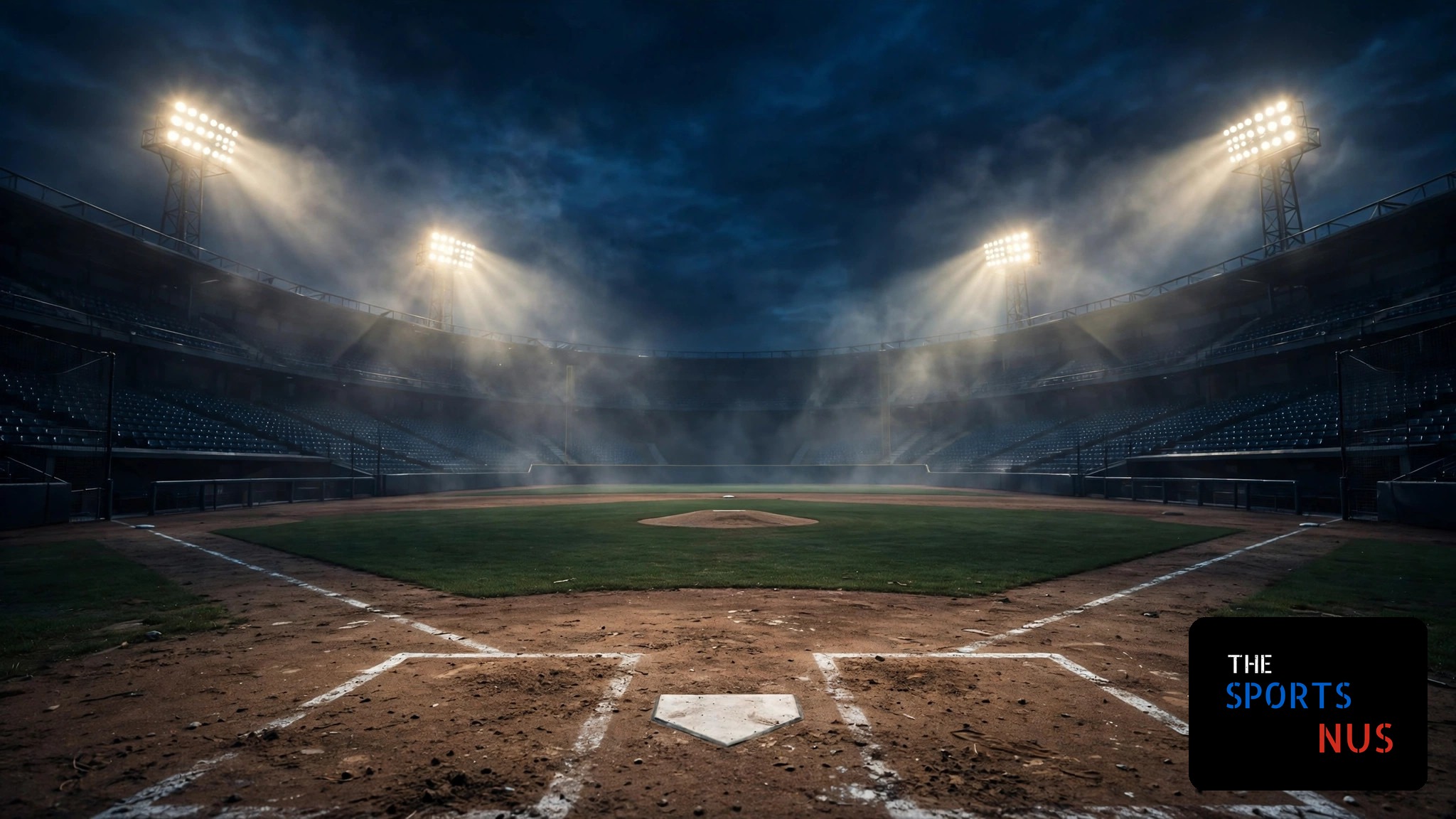 Illustration of a night baseball stadium glowing under floodlights with a pitcher on the mound