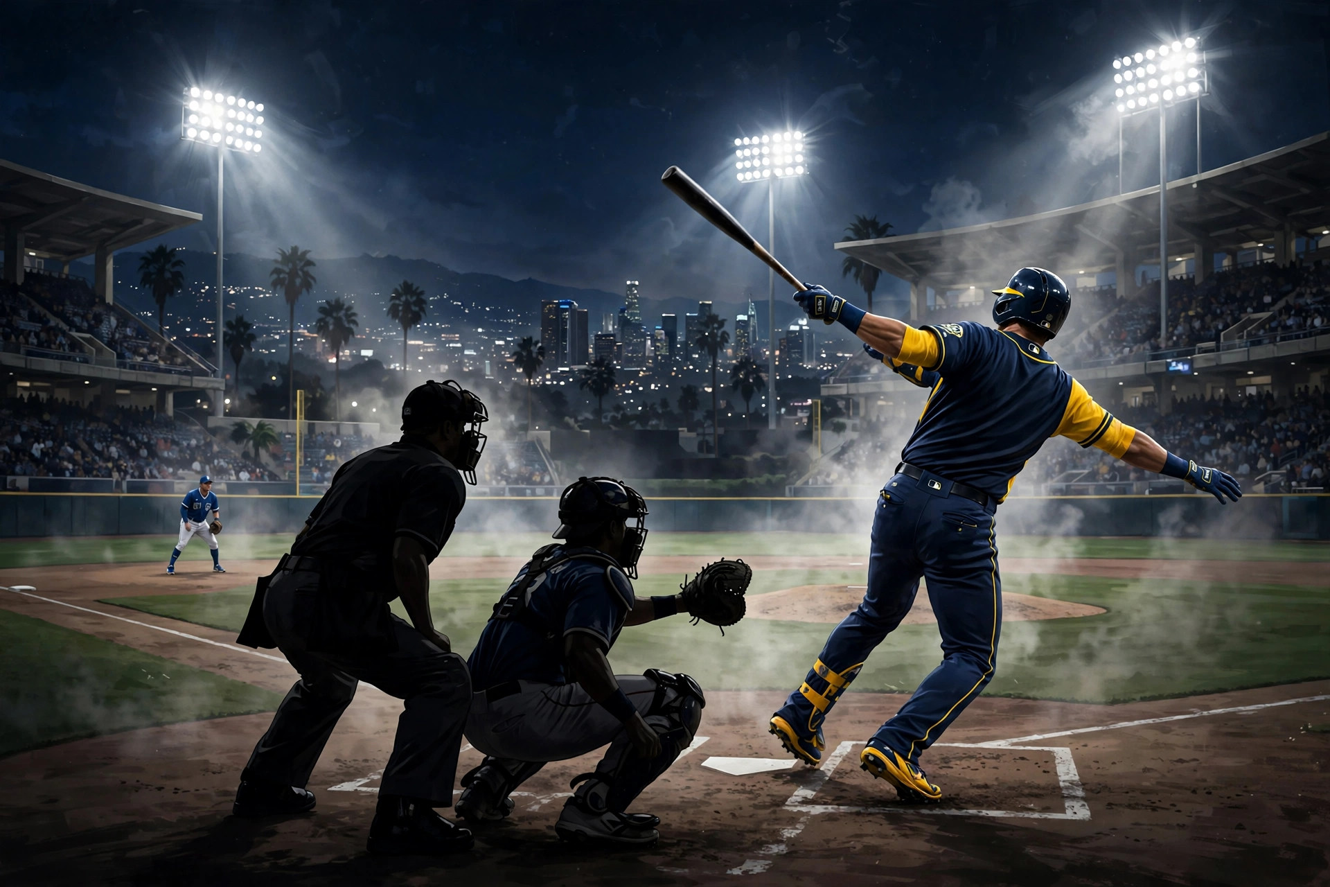 Illustration of a night NLCS game at Dodger Stadium between the Brewers and Dodgers
