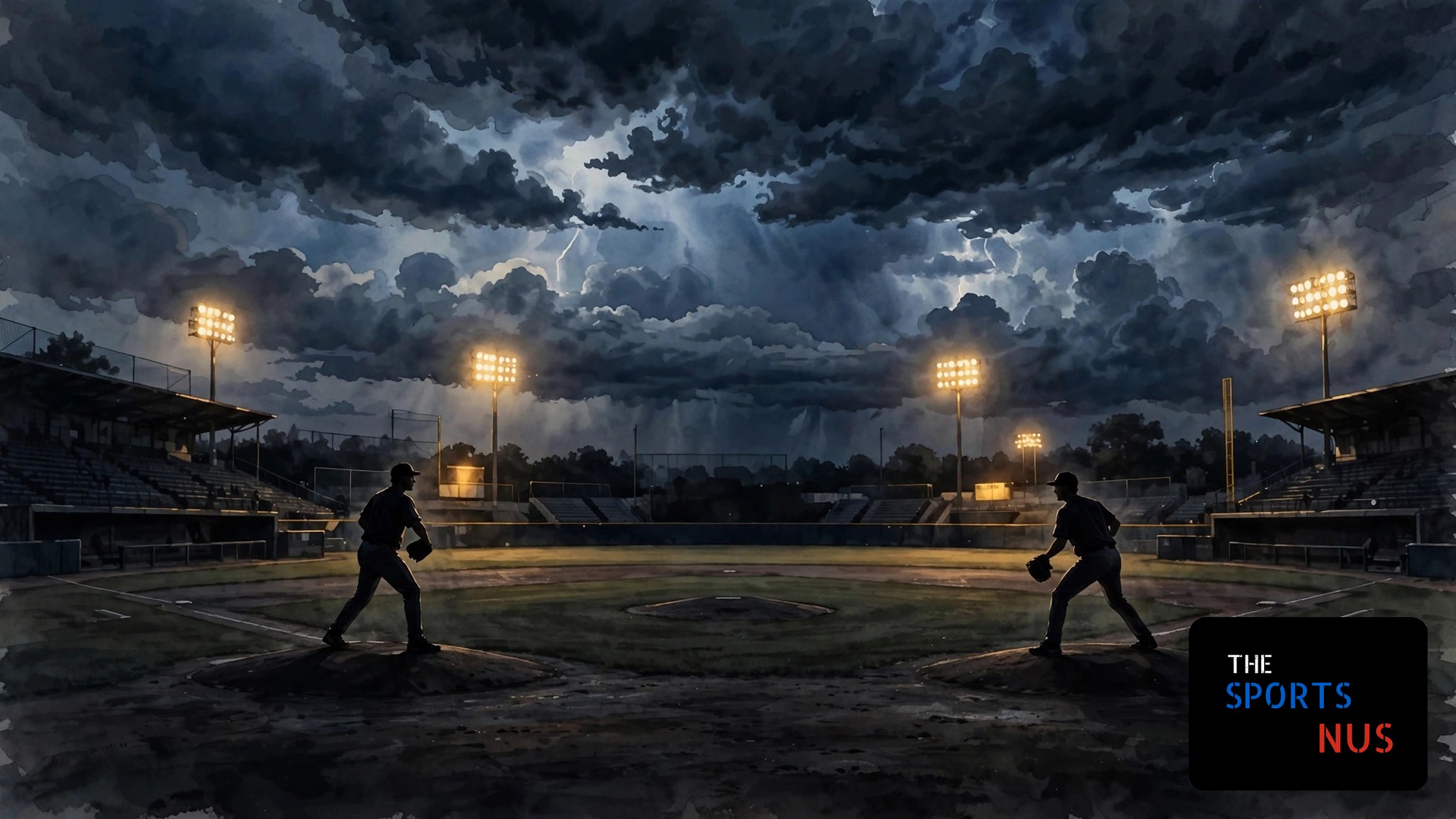 Illustration of two pitchers facing off across a darkened baseball diamond under storm clouds