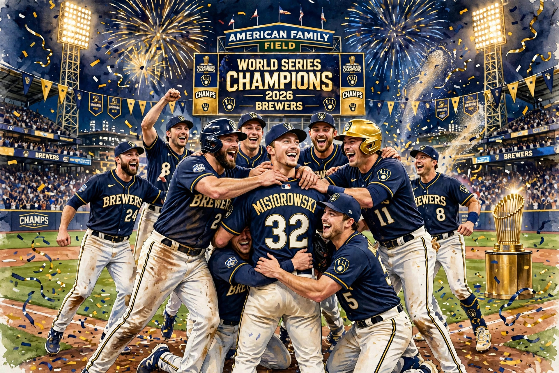Milwaukee Brewers players celebrate a World Series championship on the field