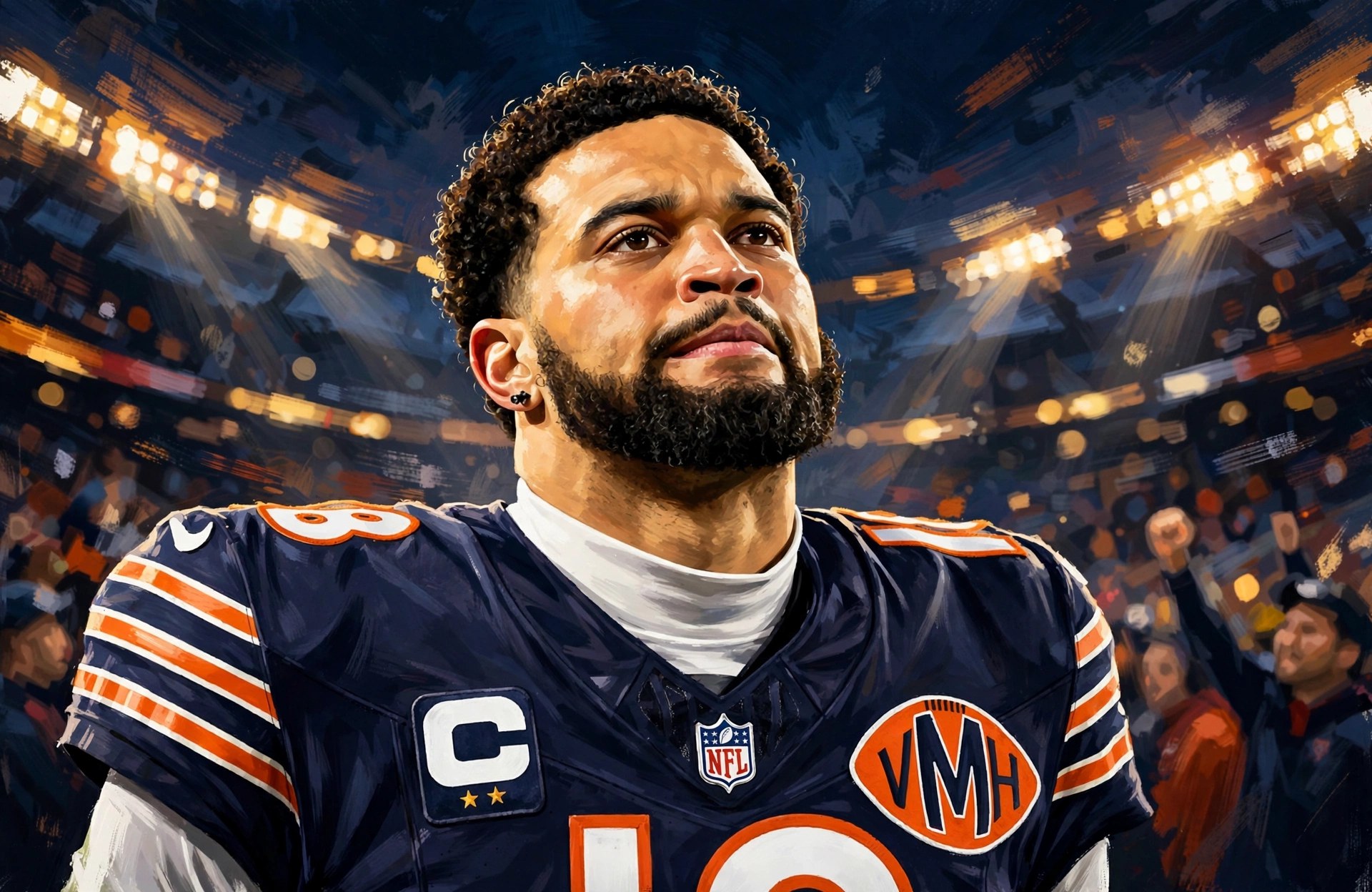 Illustration of Caleb Williams in his Bears uniform looking up under the stadium lights
