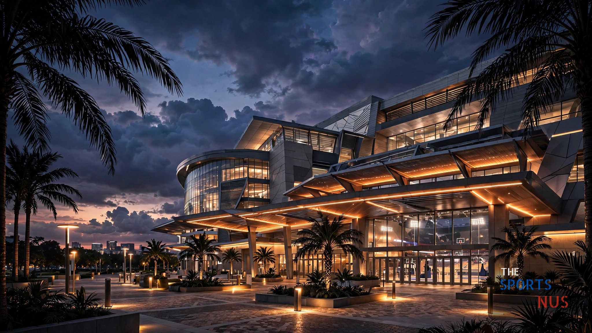 Illustration of a basketball arena exterior at night in Orlando with palm trees