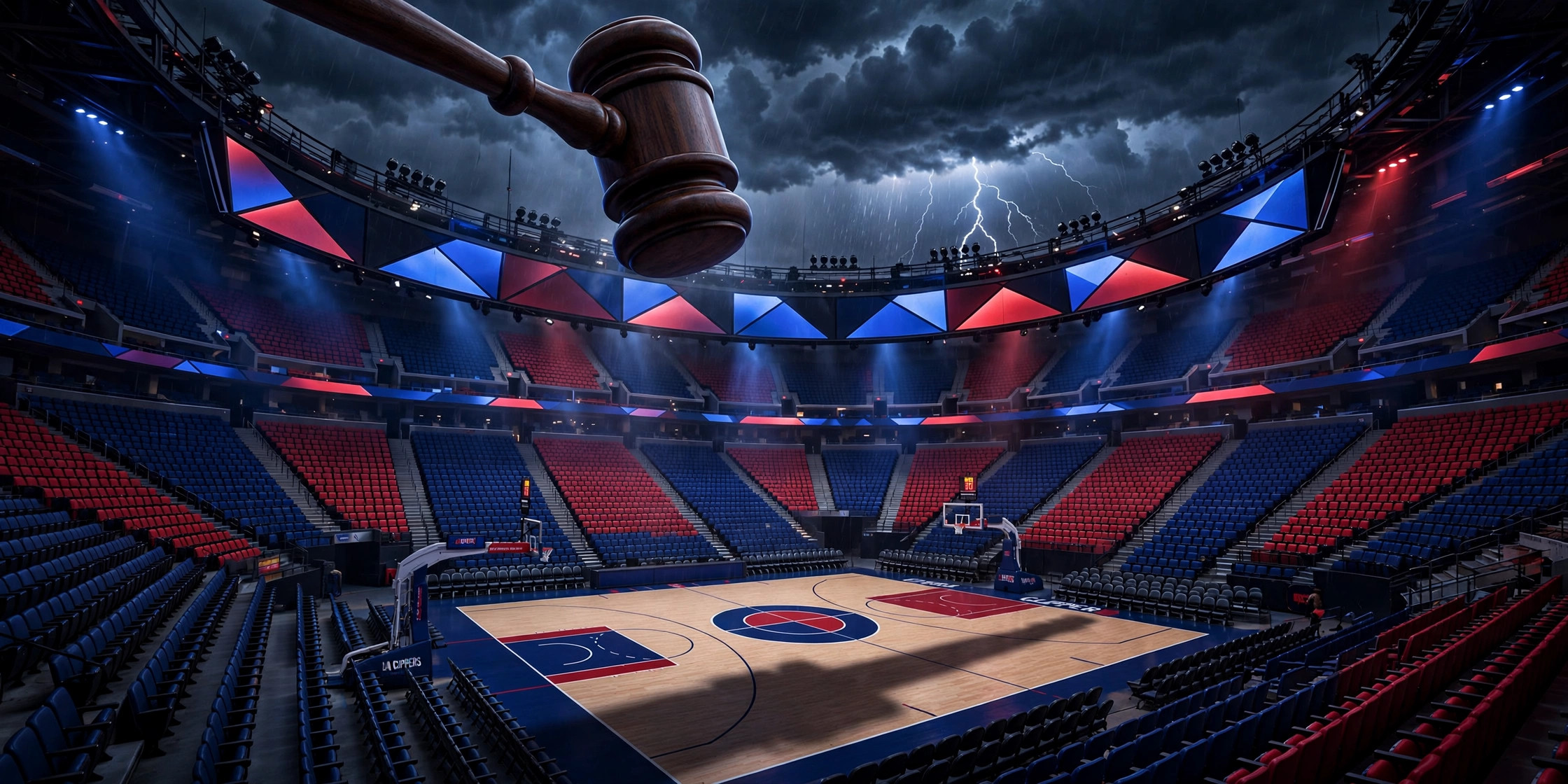 Illustration of a gavel coming down over a darkened Clippers arena