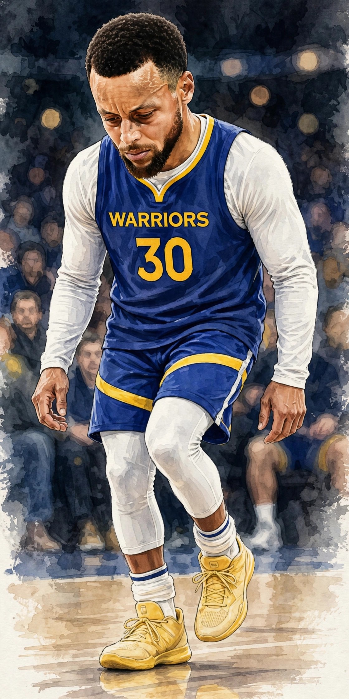 Illustration of Stephen Curry in his Warriors uniform walking slowly with his head down