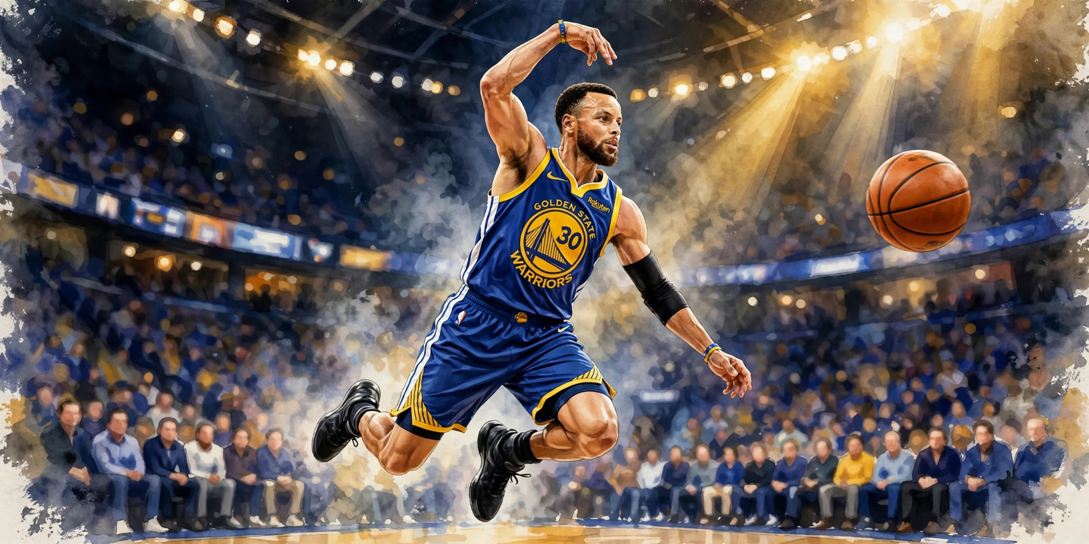 Stephen Curry in a Golden State Warriors jersey shooting a three-pointer