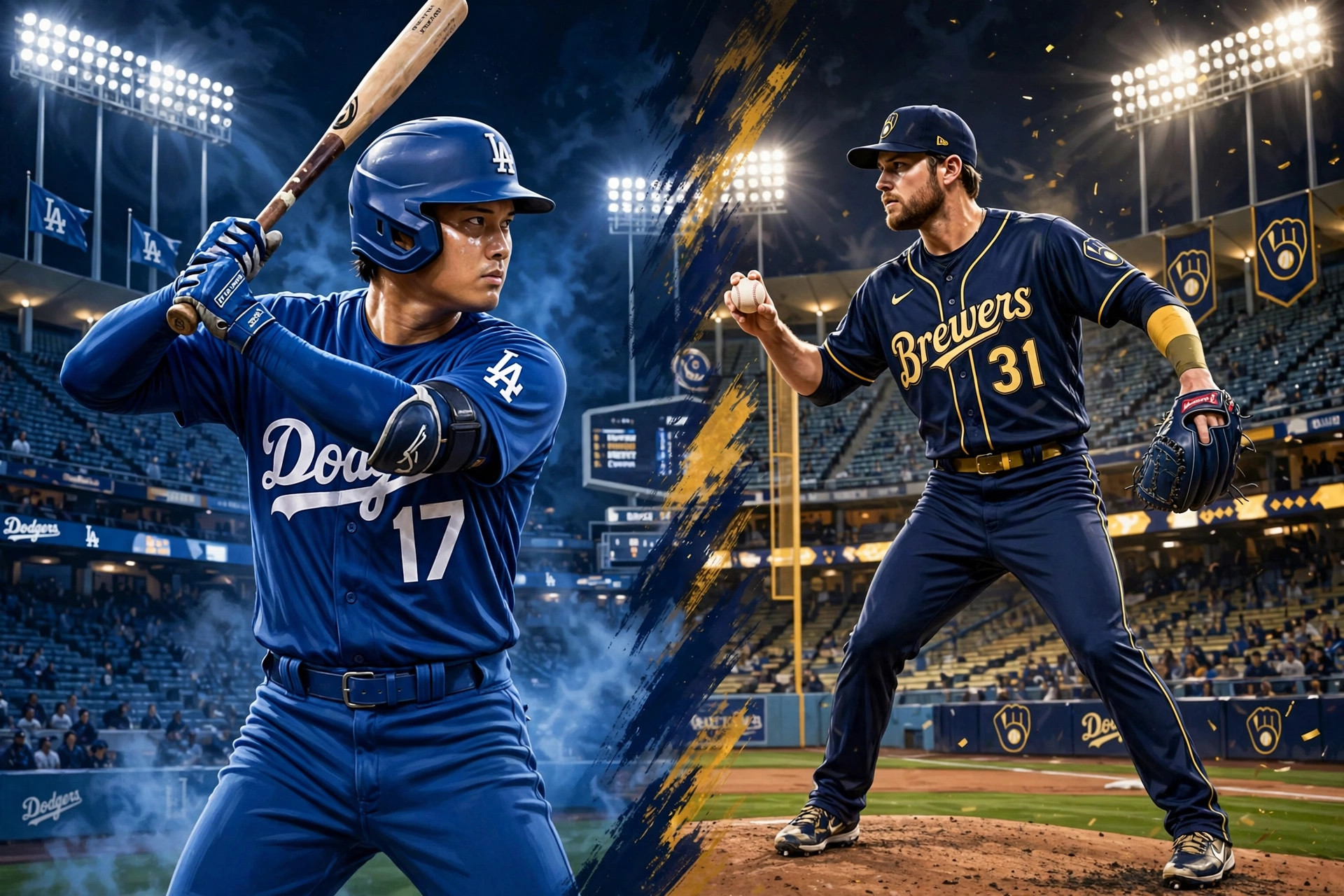 Illustration of Shohei Ohtani in a Dodgers uniform facing off against a Brewers pitcher under stadium lights