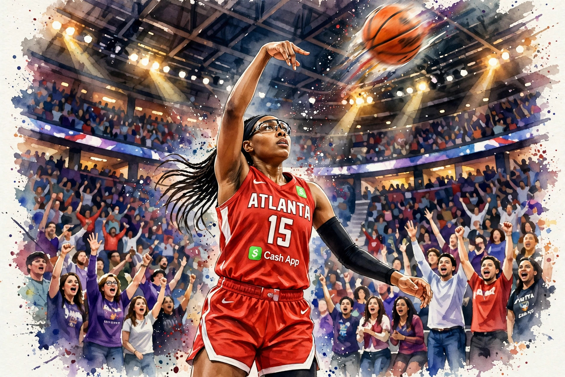 Atlanta Dream guard Allisha Gray shooting a three-pointer in a packed arena
