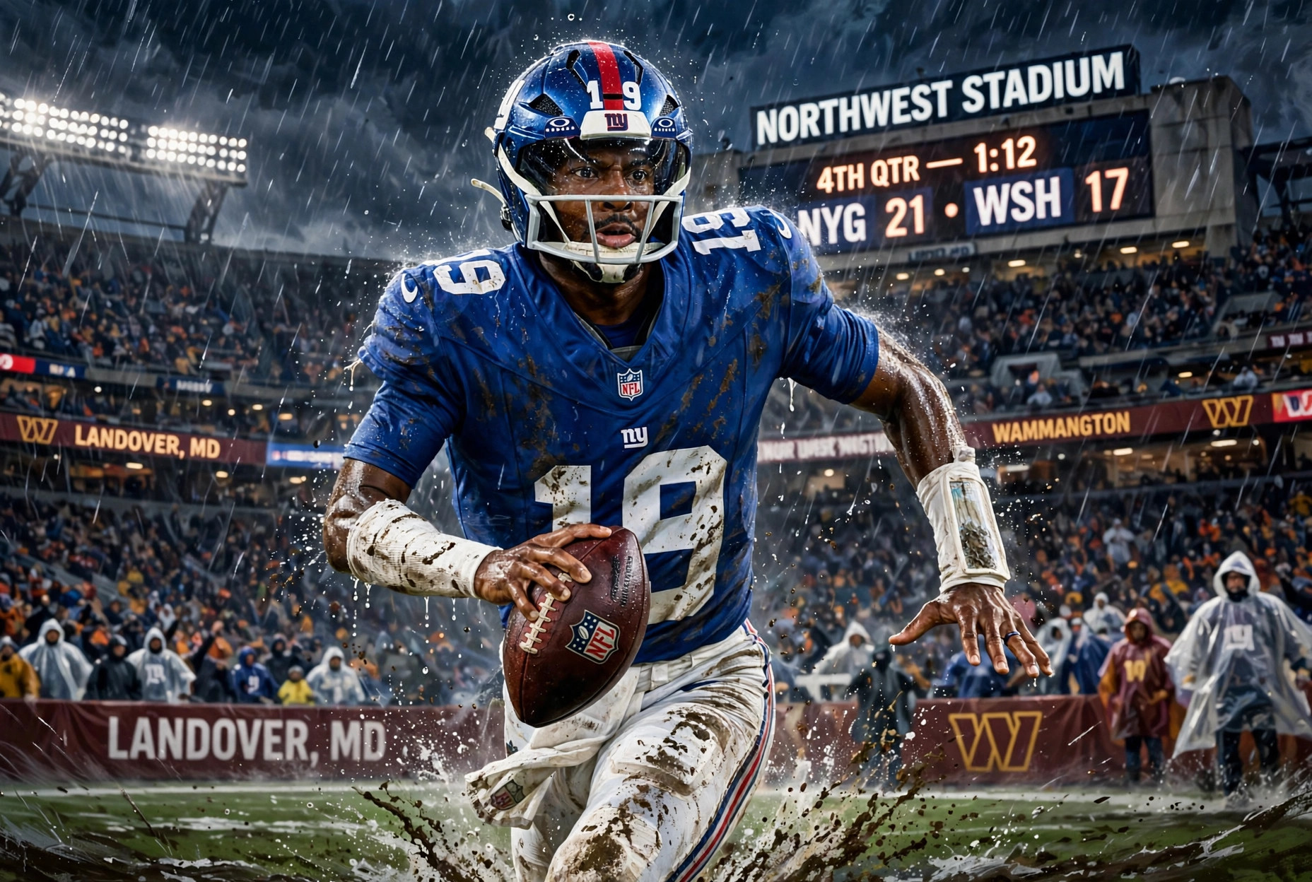 Illustration of Jameis Winston scrambling in the rain for the Giants