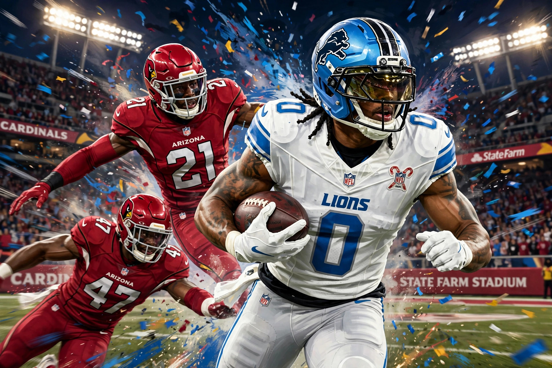 Illustration of Jahmyr Gibbs scoring for the Lions against the Cardinals