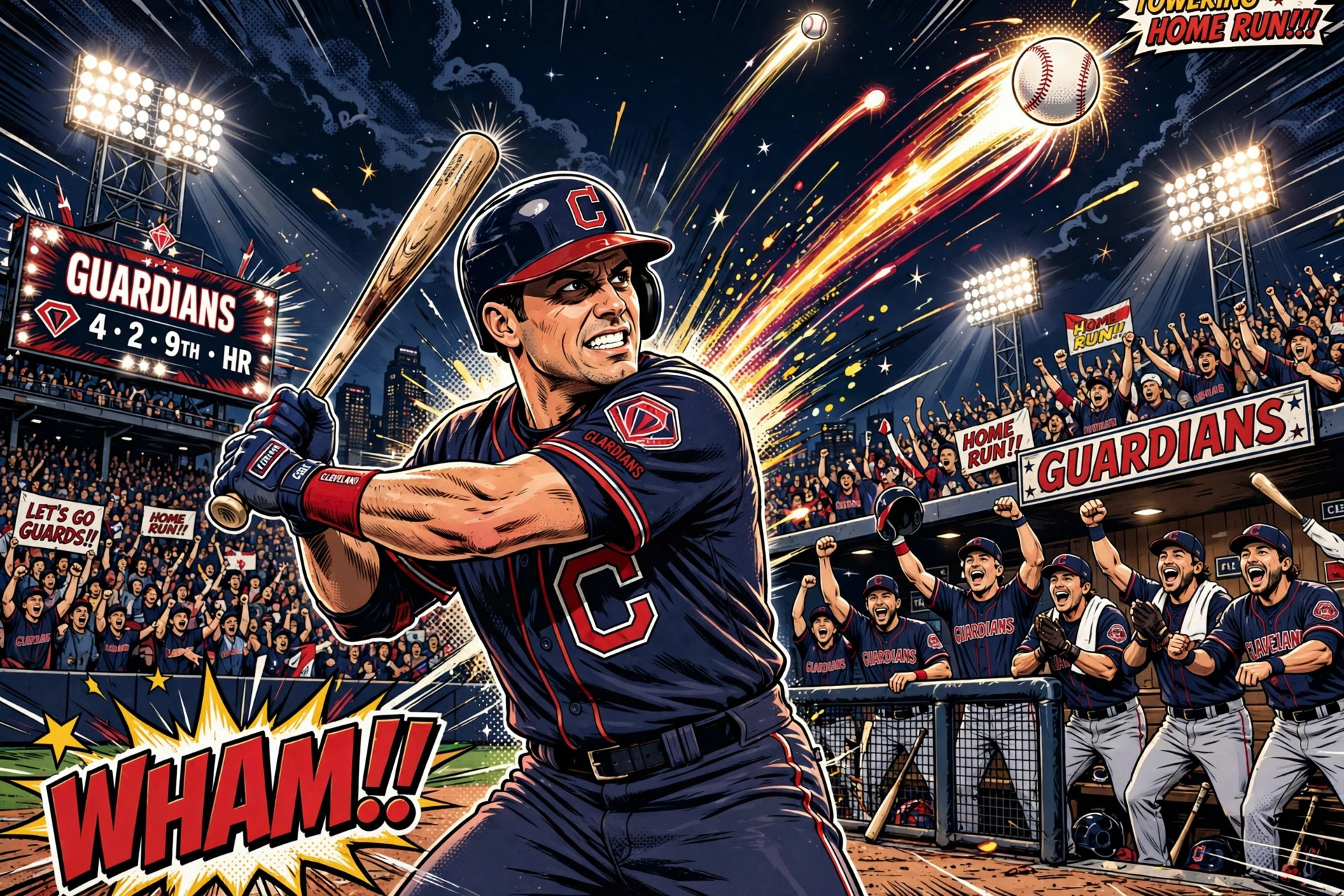 Illustration of a Cleveland Guardians slugger launching a home run at night