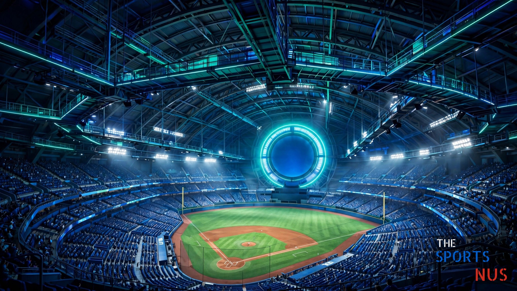 Illustration of an indoor baseball dome at night with the field glowing under the roof