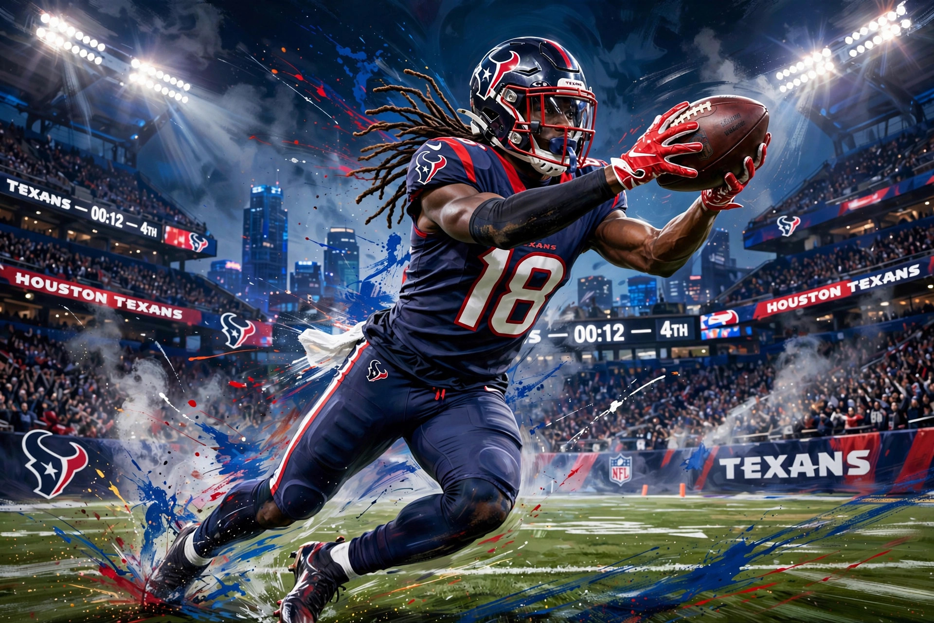 Illustration of Marvin Harrison Jr in a Texans uniform catching a pass