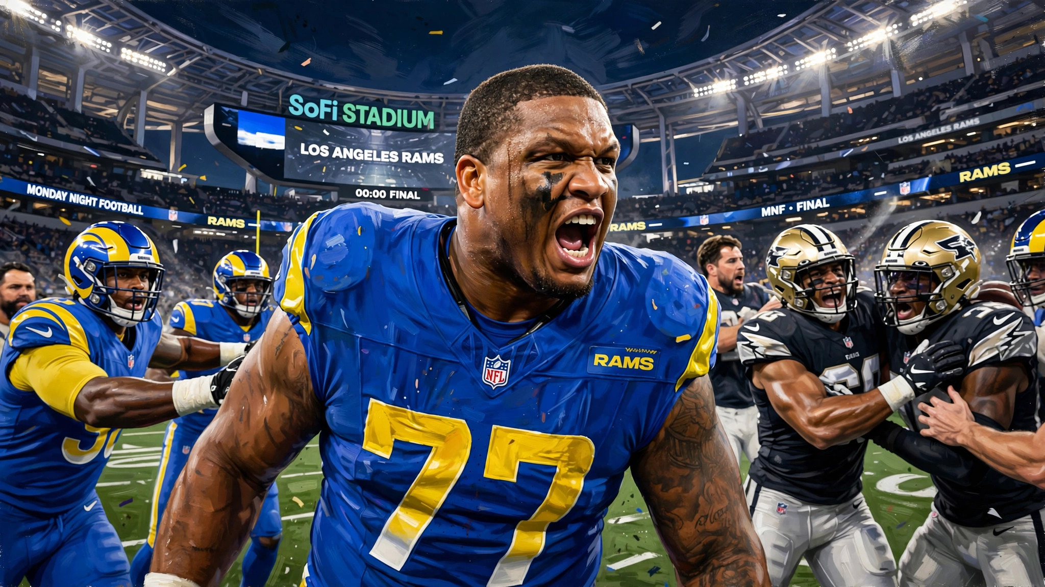 Illustration of Rams tackle Alaric Jackson in a heated postgame confrontation at SoFi Stadium