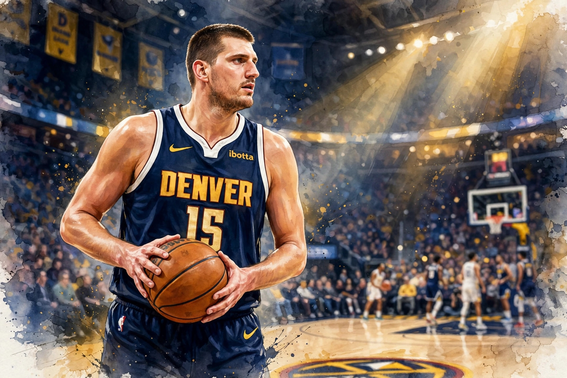 Nikola Jokic in a Denver Nuggets jersey holding a basketball