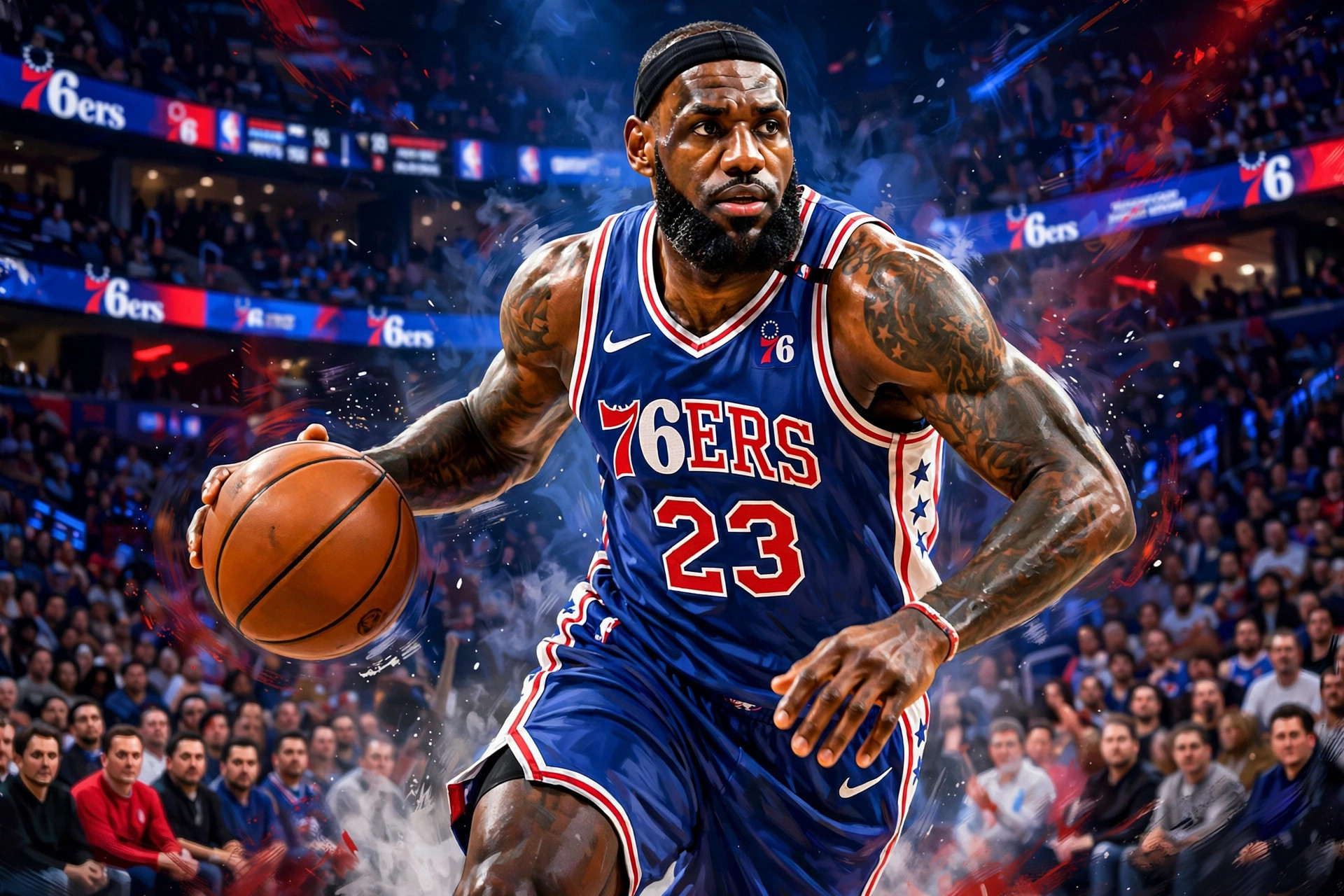 Illustration of LeBron James tossing chalk in a blue 76ers No. 23 jersey