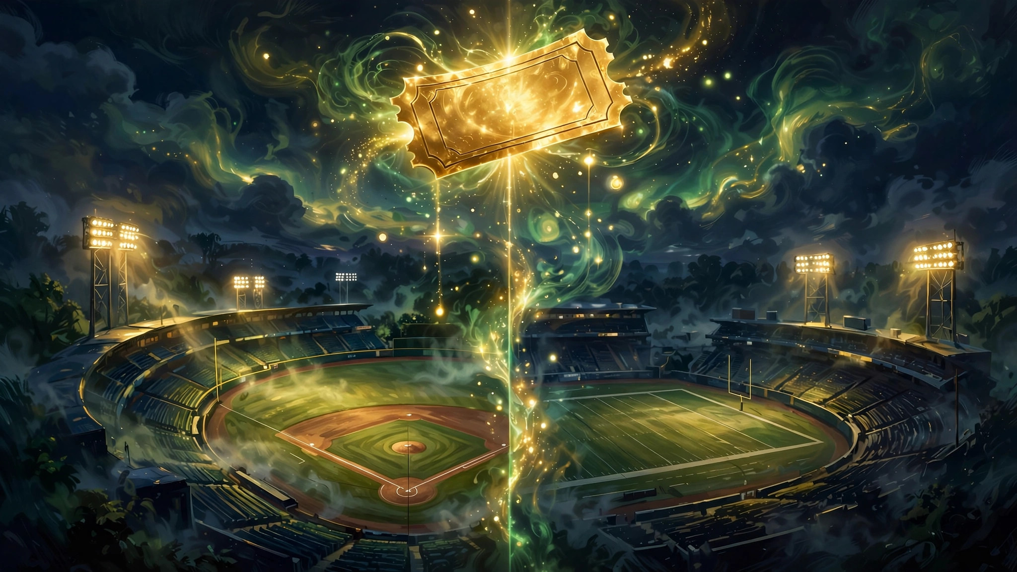 Illustration of a glowing parlay ticket over night baseball and football stadiums