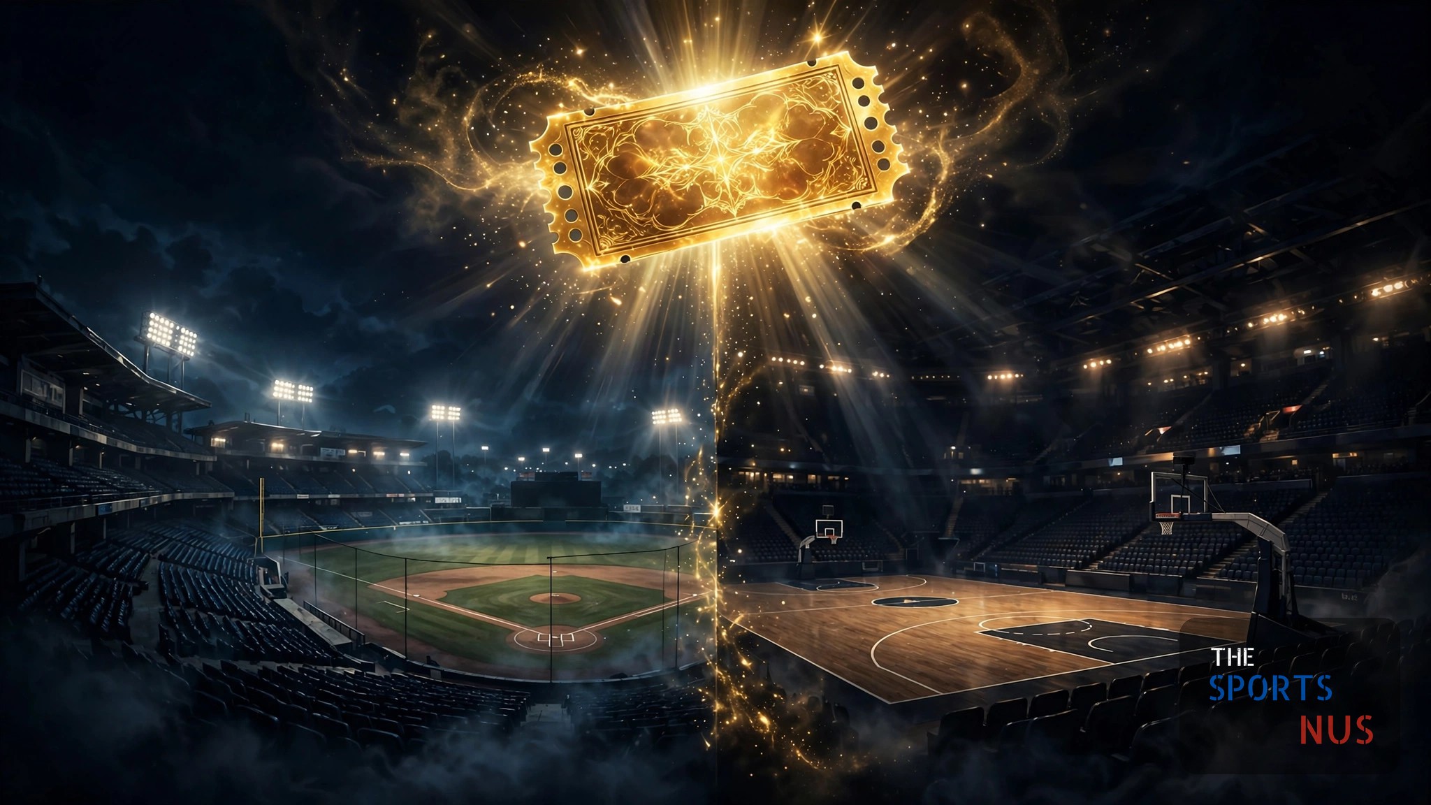 Illustration of a glowing betting ticket floating over night baseball and basketball stadiums