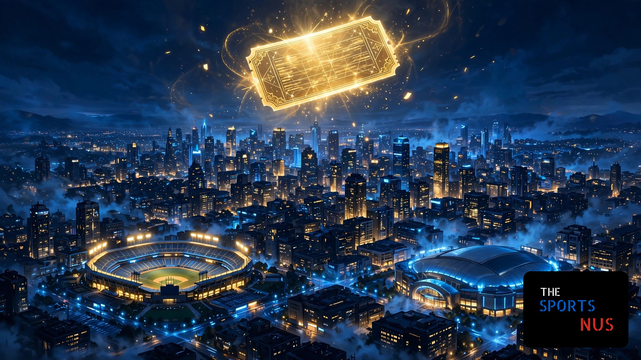 Illustration of a glowing betting ticket floating over night baseball and basketball stadiums